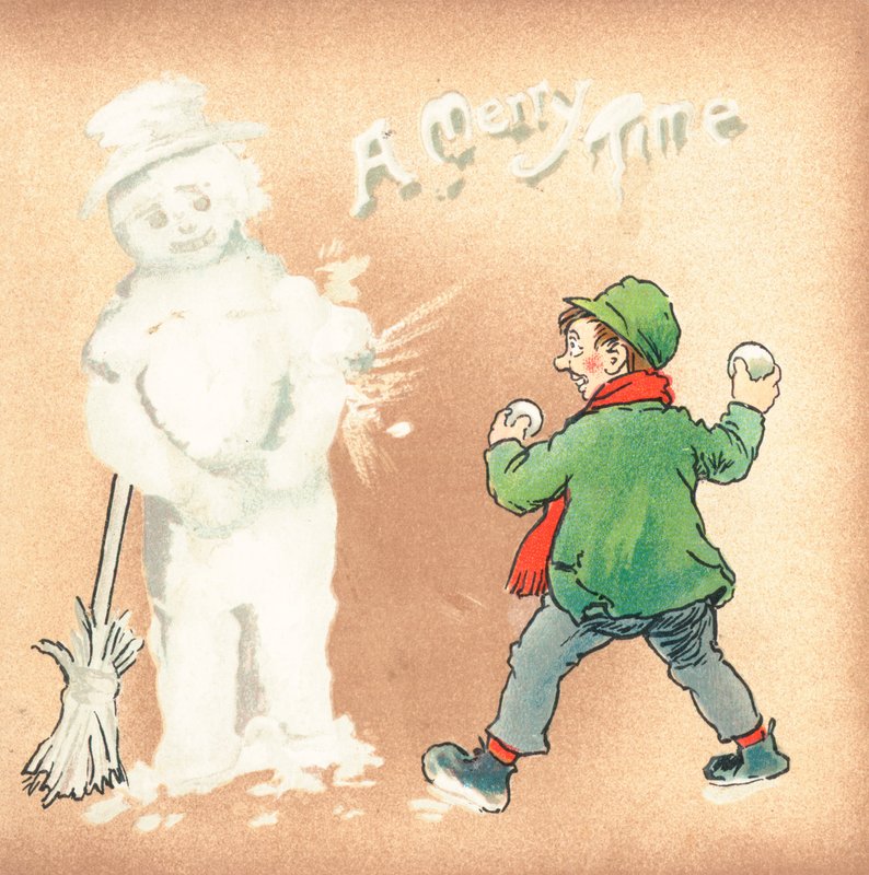 Ragazzo rude che lancia palle di neve a un pupazzo di neve, cartolina di Natale da English School