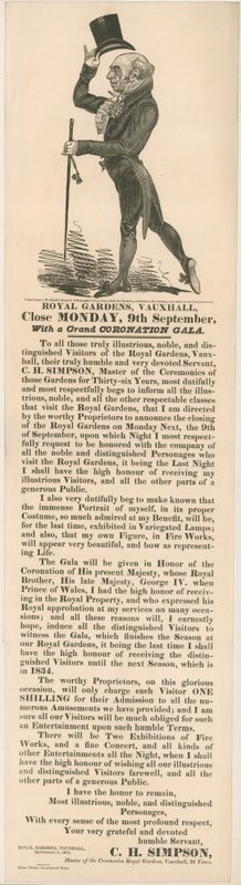 Giardini Reali, Vauxhall. Gala di Incoronazione, 9 settembre 1833 da English School