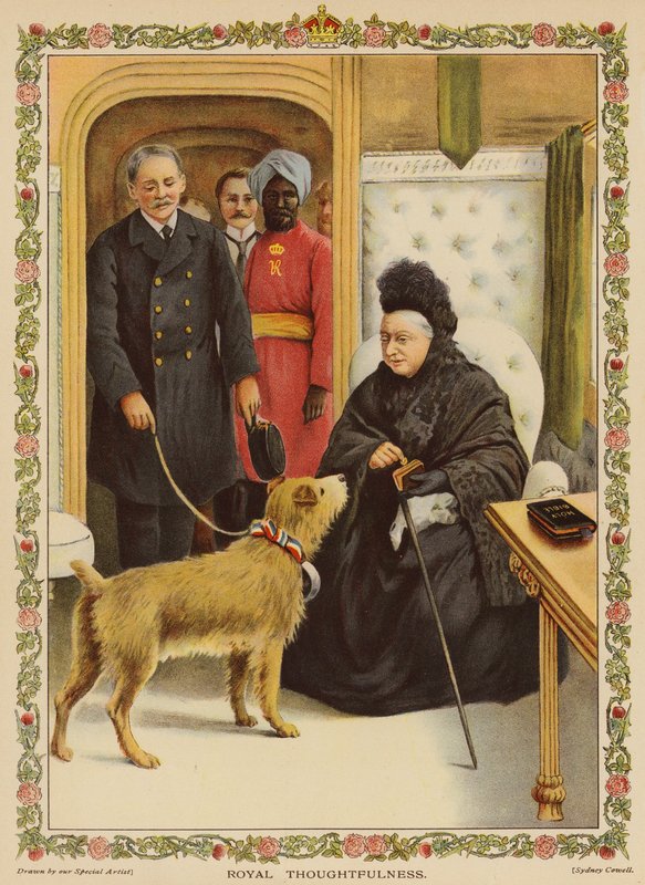 Premura reale - La regina Vittoria alla stazione di Paddington, fa una donazione di beneficenza (cromolitografia) da English School