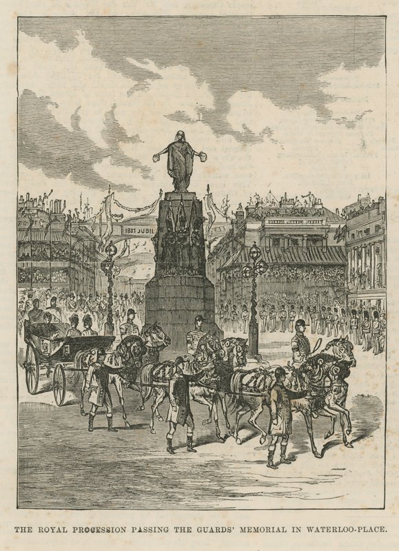 Processione reale passando il Memoriale delle Guardie in Waterloo Place da English School