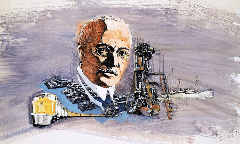 Rudolf Diesel sullo sfondo di treni, barche e moli da English School