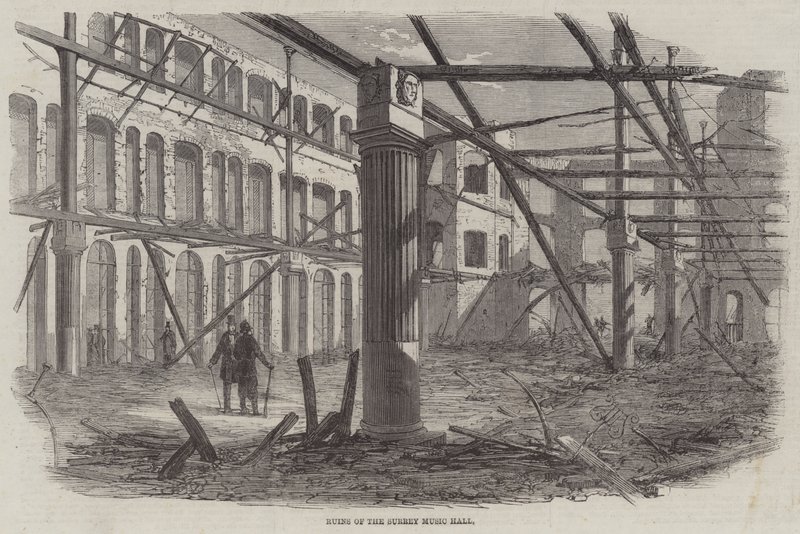 Rovine della Surrey Music Hall (incisione) da English School