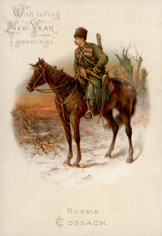 Cosacco russo a cavallo: cartolina di auguri di Capodanno da English School