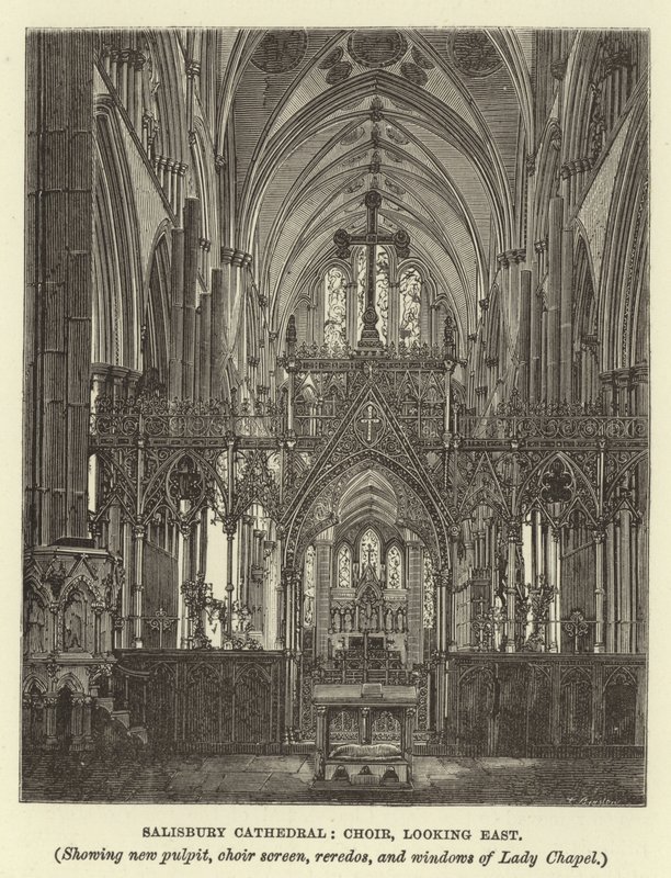 Cattedrale di Salisbury, coro, vista verso est, con nuovo pulpito, schermo del coro, reredos e finestre della Cappella della Madonna da English School