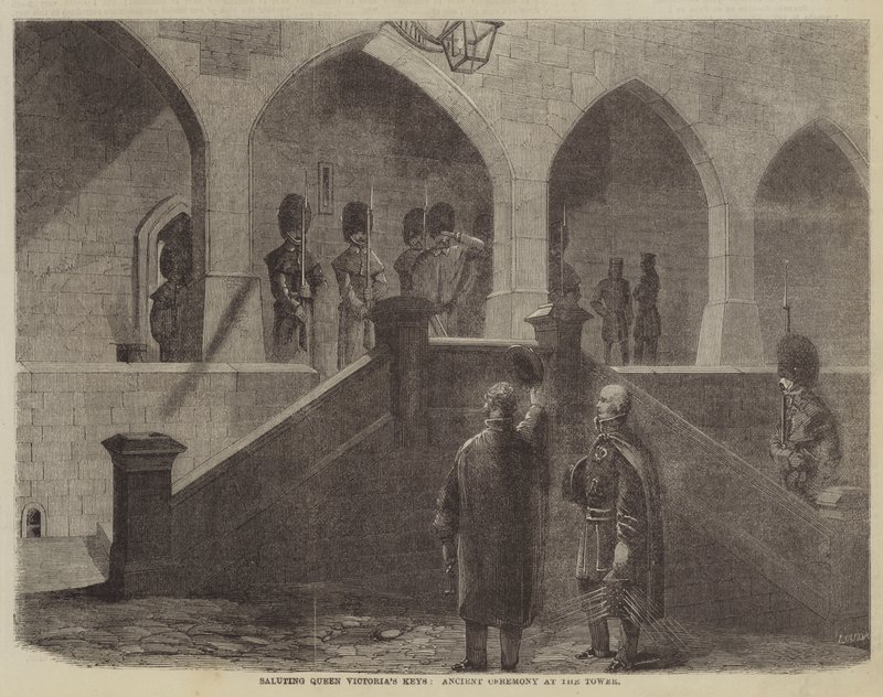 Saluto delle chiavi della Regina Vittoria, antica cerimonia alla Torre (incisione) da English School