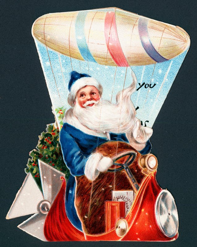 Babbo Natale che guida un dirigibile, cartolina di Natale da English School