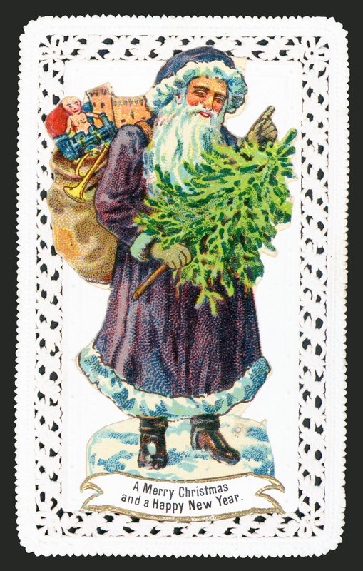 Babbo Natale con sacco di giocattoli e albero, biglietto di Natale da English School