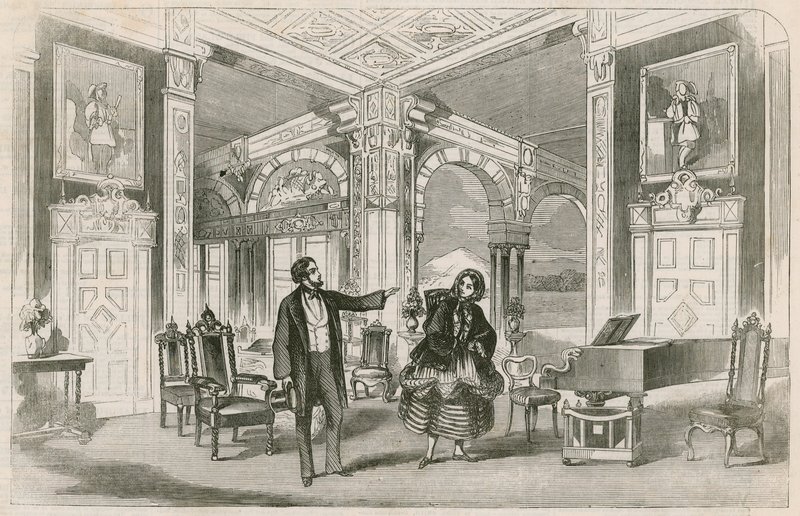 Scena dal nuovo spettacolo di Miss P Horton alla Gallery of Illustration, Regent Street, Londra da English School