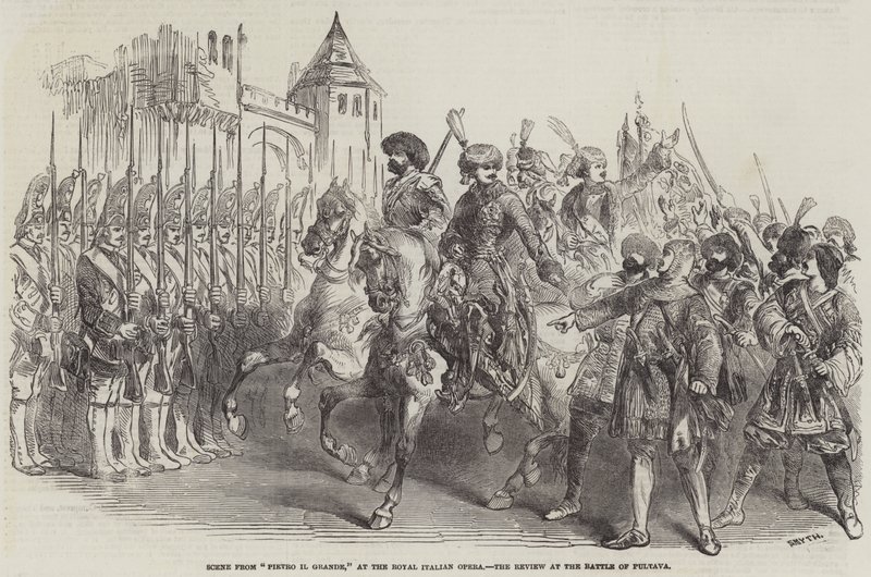 Scena da "Pietro il Grande," al Royal Italian Opera, la rivista alla battaglia di Pultava (incisione) da English School