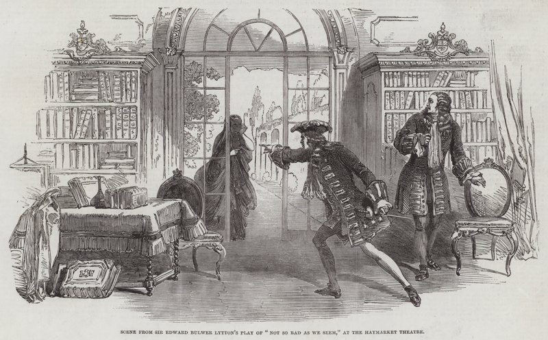 Scena dalla commedia di Sir Edward Bulwer Lytton "Non così male come sembri," al Haymarket Theatre da English School