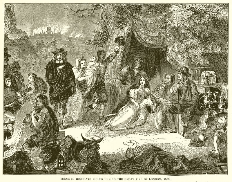 Scena nei campi di Highgate durante il grande incendio di Londra, 1666 da English School