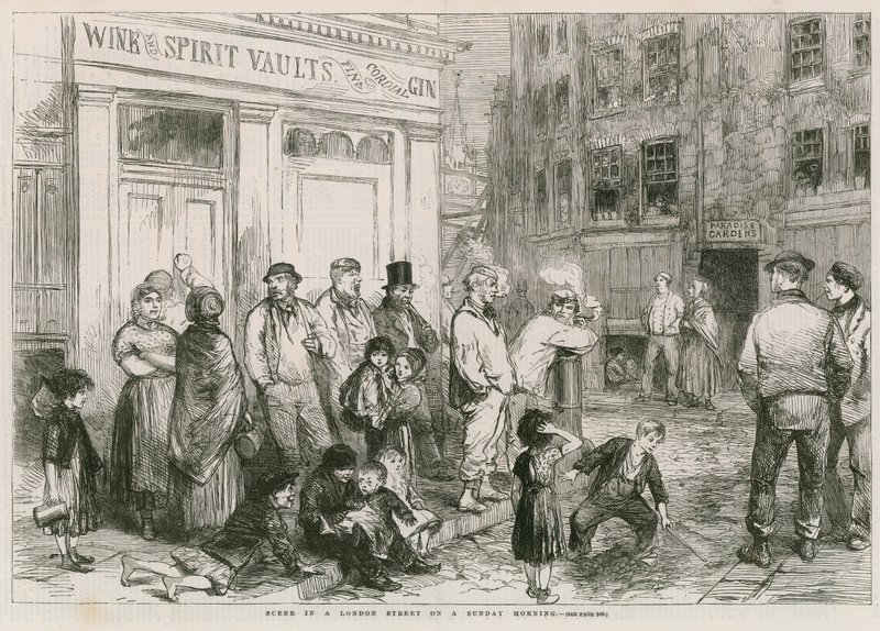 Scena in una strada di Londra la domenica mattina da English School