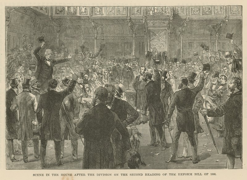Scena alla Camera dei Comuni dopo la divisione sulla seconda lettura del Reform Bill del 1866 da English School