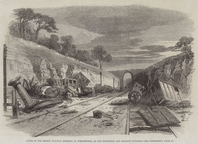 Scena del Recente Incidente Ferroviario a Winchburgh, sulla Ferrovia di Edimburgo e Glasgow (incisione) da English School