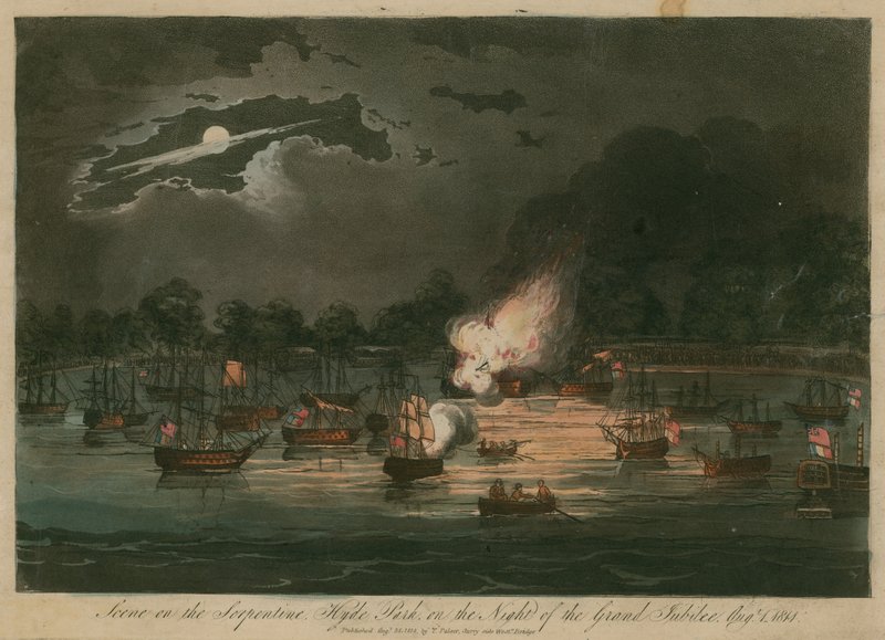Scena sul Serpentine, Hyde Park, Londra, nella notte del Grande Giubileo da English School