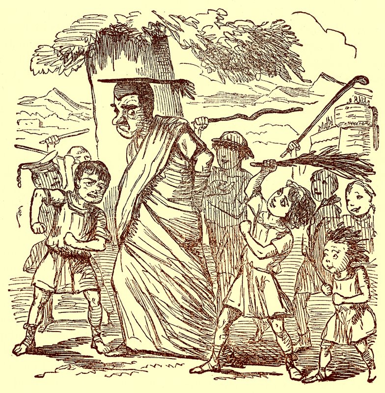 Scolari che frustano il maestro, illustrazione da La Storia Comica di Roma di Gilbert Abbott a Beckett, pubblicata c.1850 da English School