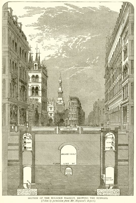 Sezione del Holborn Viaduct, che mostra le metropolitane da English School