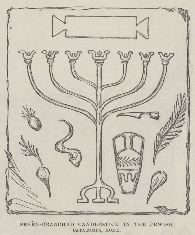 Candelabro a sette bracci nelle catacombe ebraiche, Roma (incisione) da English School