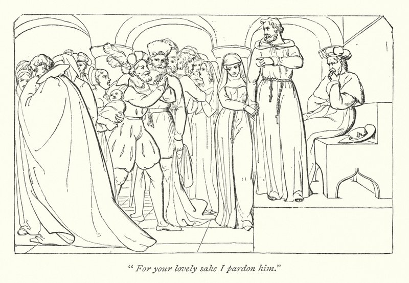 Misura per misura di Shakespeare; Claudio perdonato dal duca (incisione) da English School