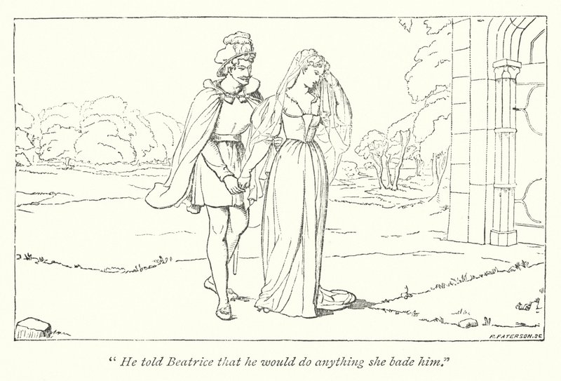 Molto rumore per nulla di Shakespeare; Beatrice lamenta la disgrazia di Ero a Benedetto (incisione) da English School