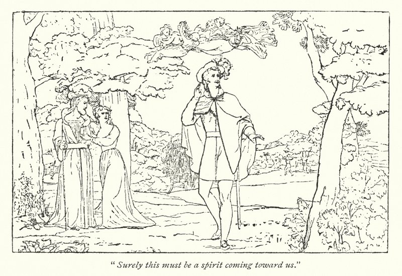 La tempesta di Shakespeare; Ferdinando guidato dal canto di Ariel (incisione) da English School