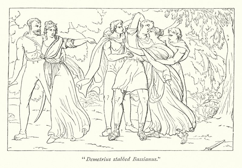 Tito Andronico di Shakespeare; Demetrio, istigato da Tamora, uccide Bassiano (incisione) da English School