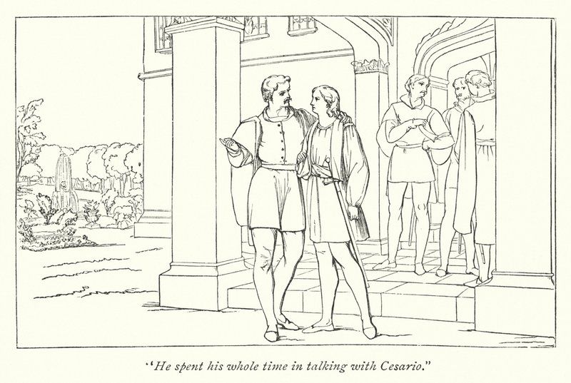 La dodicesima notte di Shakespeare; Orsino manda Viola da Olivia (incisione) da English School