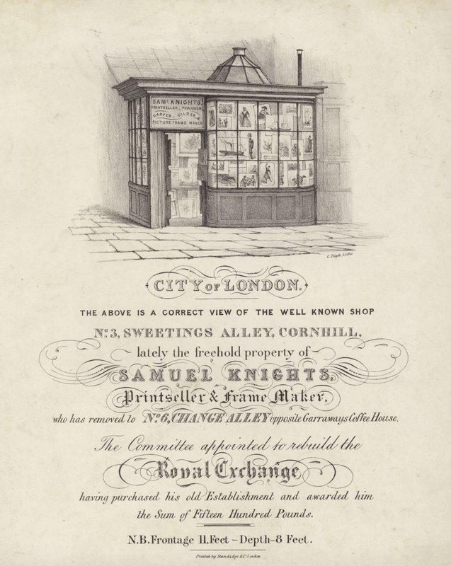 Negozio di Samuel Knights, venditore di stampe e corniciaio, 3 Sweetings Alley, Cornhill, Città di Londra da English School