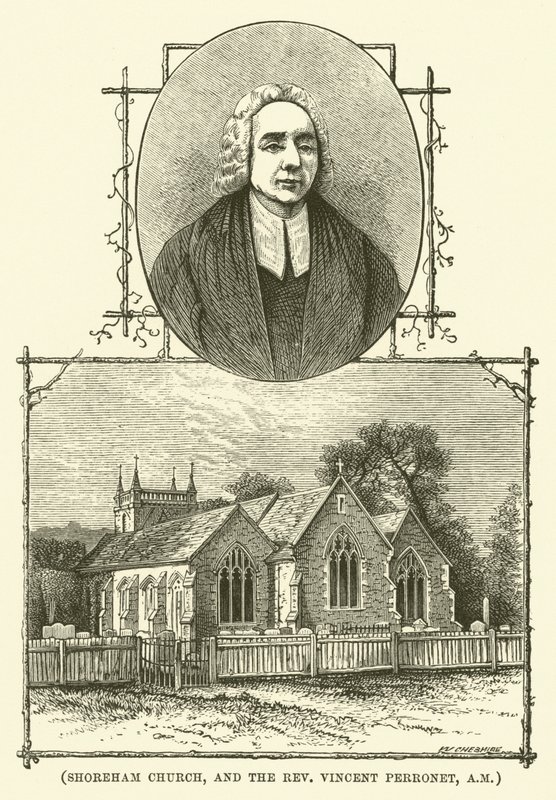 La chiesa di Shoreham e il reverendo Vincent Perronet, AM (incisione) da English School