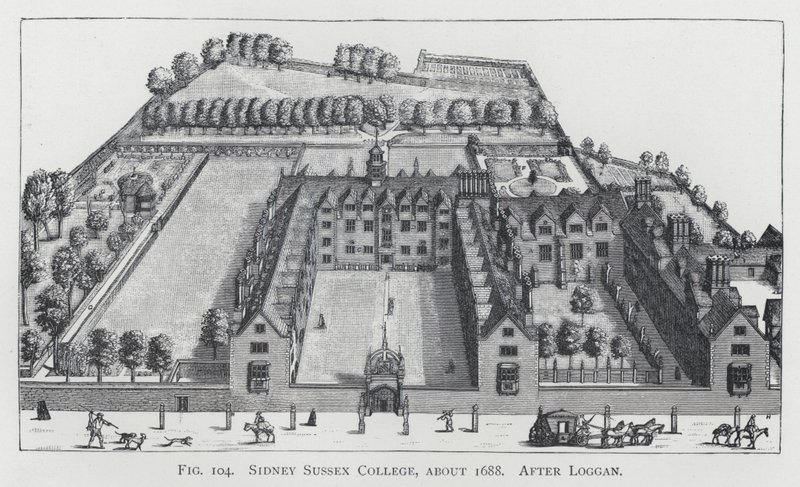 Sidney Sussex College, circa 1688, dopo Loggan da English School