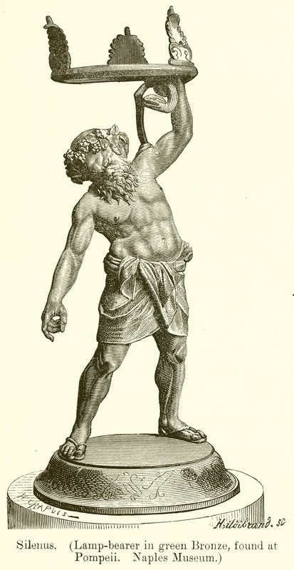 Silenus. (Portatore di lampada in bronzo verde, trovato a Pompei. Museo di Napoli) (incisione) da English School