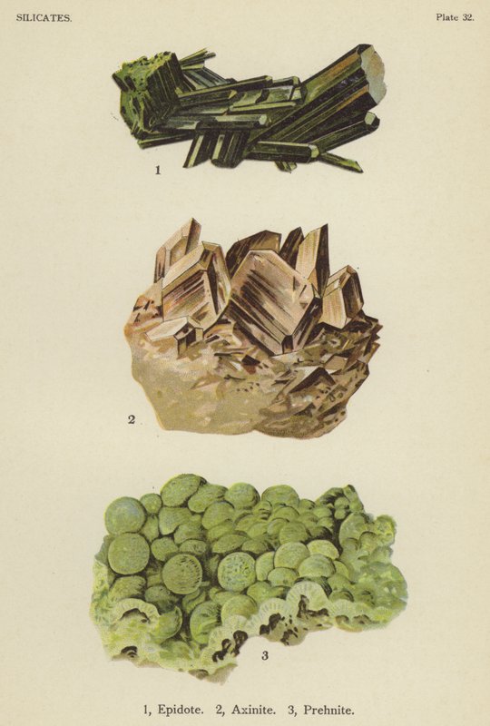 Silicati, epidoto, axinite, prehnite (litografia a colori) da English School