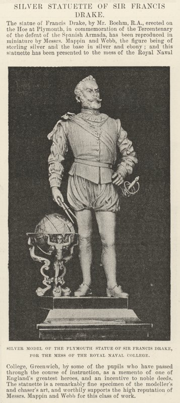 Modello in Argento della Statua di Sir Francis Drake a Plymouth, per il Mess del Royal Naval College da English School