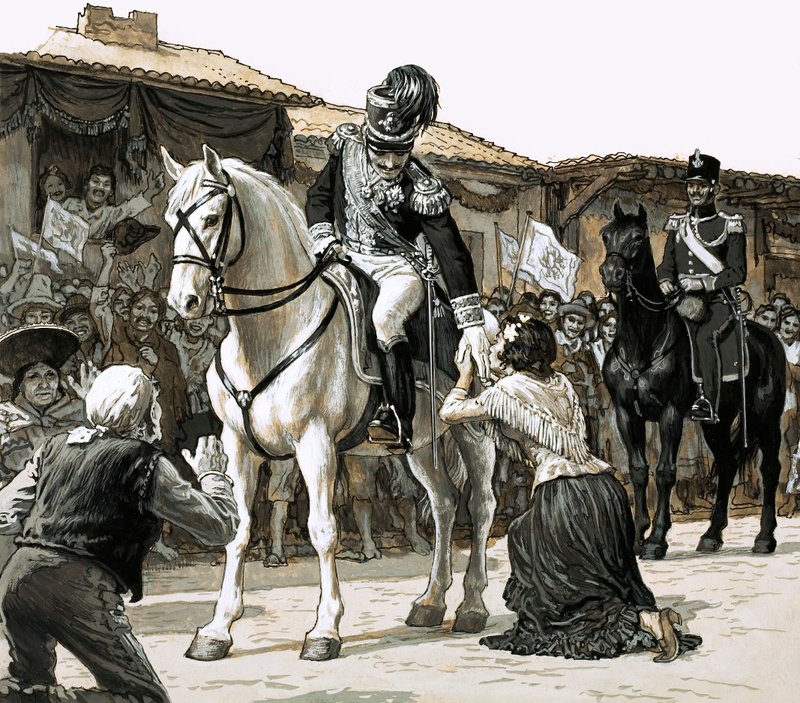 Simón Bolívar cavalca trionfante per le strade di Caracas da English School