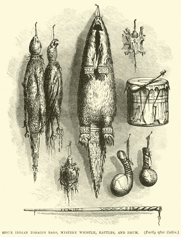 Borse di tabacco Sioux, fischietto misterioso, sonagli e tamburo da English School