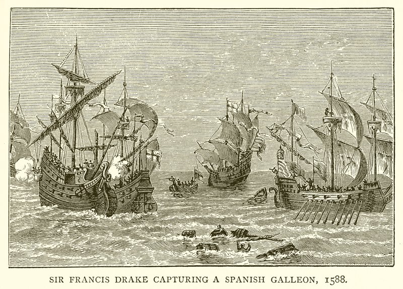 Sir Francis Drake cattura un galeone spagnolo, 1588 da English School