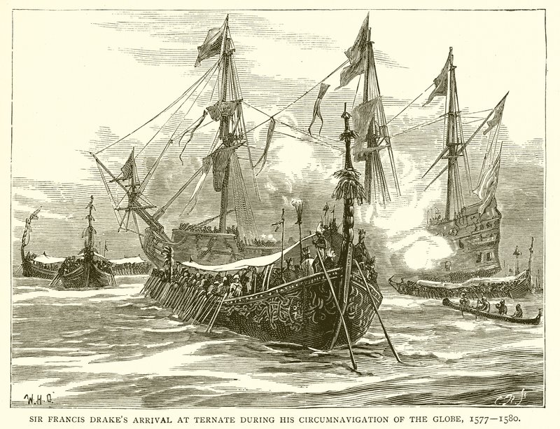 Arrivo di Sir Francis Drake a Ternate durante la sua circumnavigazione del globo, 1577-1580 da English School