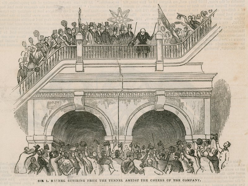 Sir Isambard Brunel si ritira dal tunnel tra gli applausi della compagnia da English School