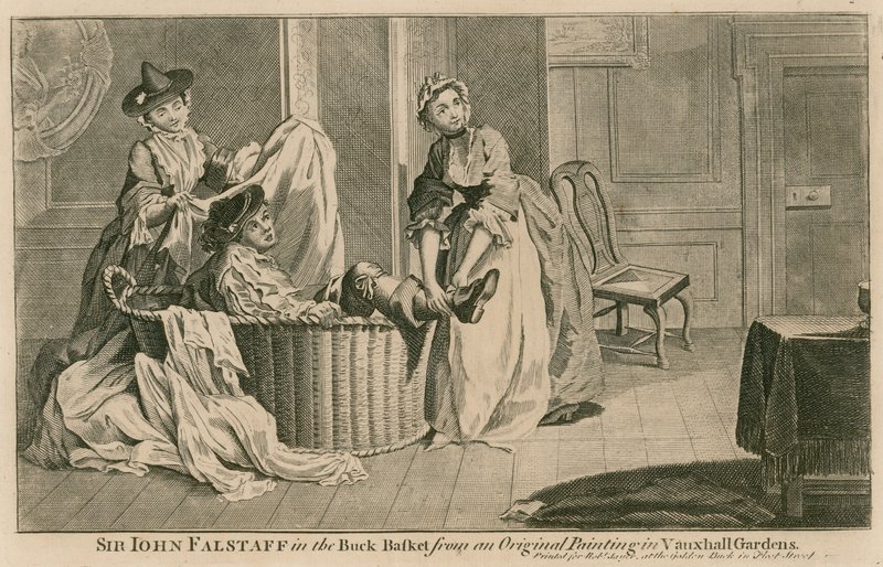 Sir John Falstaff nel cesto della biancheria, da un dipinto originale nei Vauxhall Gardens, Londra da English School
