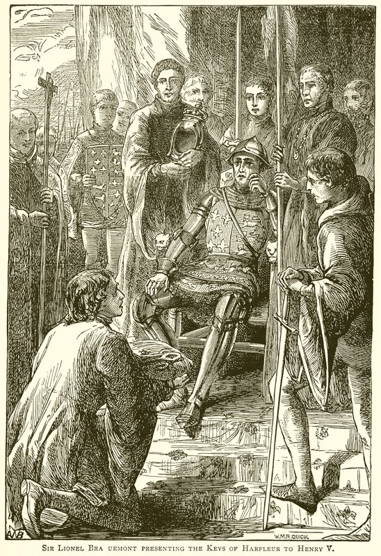 Sir Lionel Bra Uemont presenta le chiavi di Harfleur a Enrico V da English School
