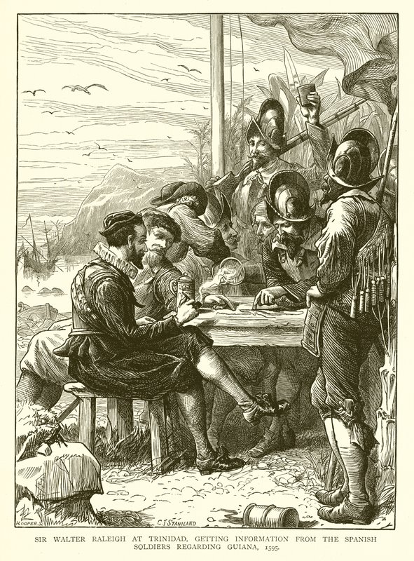 Sir Walter Raleigh a Trinidad, ottenendo informazioni dai soldati spagnoli riguardo a Guiana, 1595 da English School