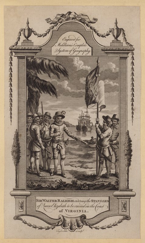 Sir Walter Raleigh ordina di erigere lo stendardo della Regina Elisabetta sulla costa della Virginia da English School