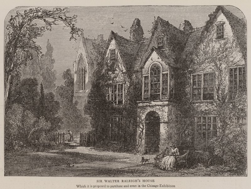 La casa di Sir Walter Raleigh (incisione) da English School