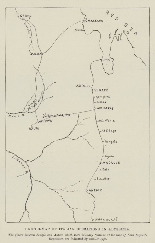 Schizzo della mappa delle operazioni italiane in Abissinia (incisione) da English School