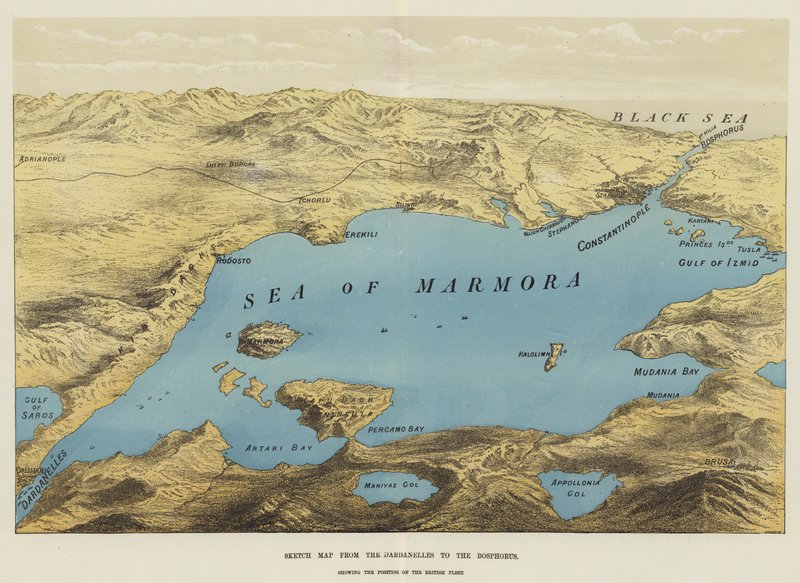 Mappa schizzo dal Dardanelli al Bosforo (cromolitografia) da English School