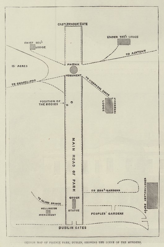 Mappa di Phoenix Park, Dublino, che mostra la scena degli omicidi da English School