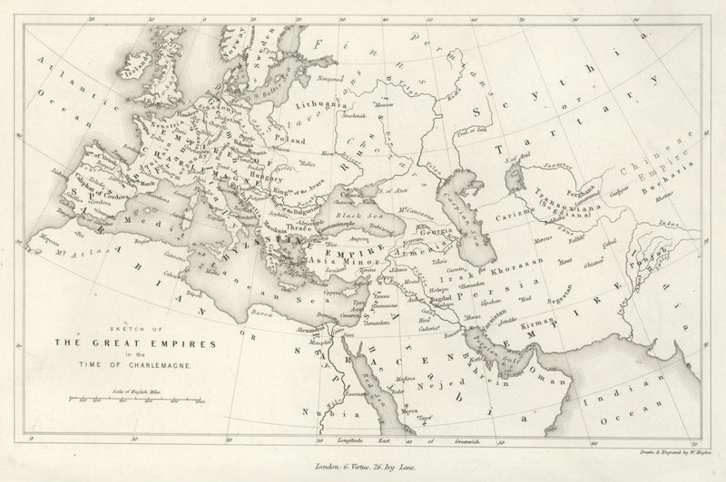 Schizzo dei grandi imperi al tempo di Carlo Magno da English School