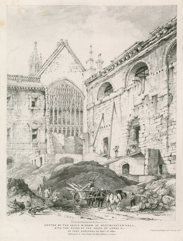 Schizzo della finestra sud della Westminster Hall con le rovine della Camera dei Lord da English School