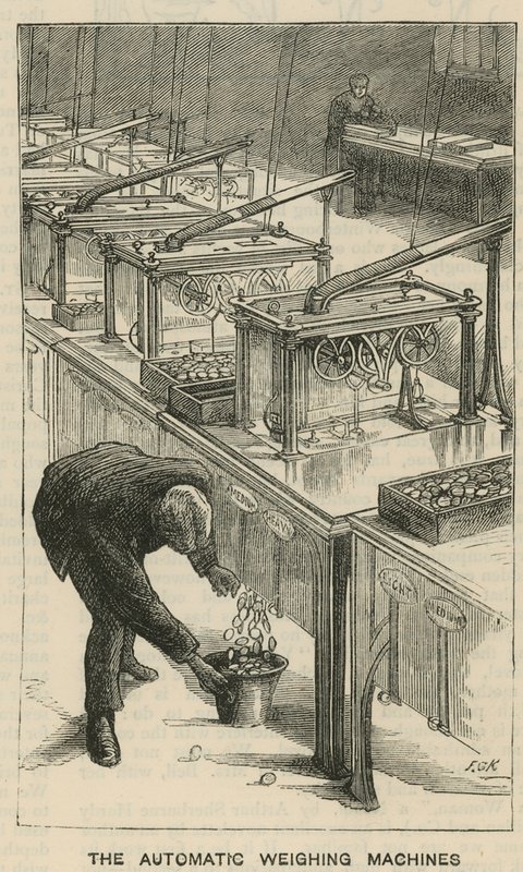 Schizzi alla Royal Mint, Tower Hill; le macchine automatiche per la pesatura da English School