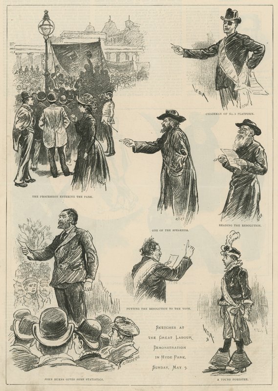 Schizzi alla grande manifestazione del lavoro a Hyde Park, domenica 3 maggio 1891 da English School